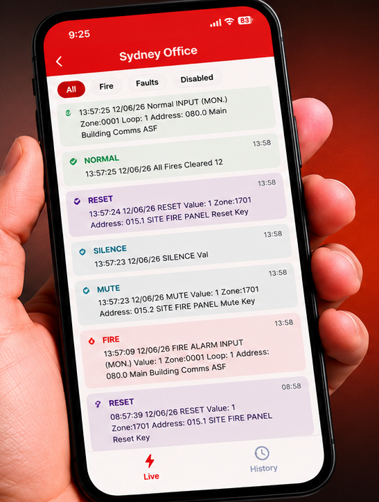FirePanel PRO app showing live Sydney Office fire panel events on a phone